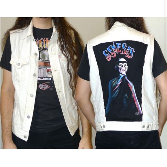 Levi's White Denim Jacket Vest - Peter Gabriel era GENESIS Backpatch - Picture 1 of 6